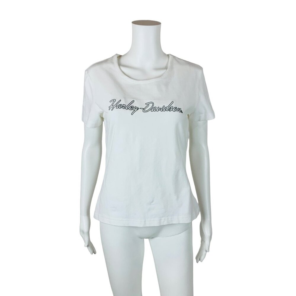 Harley Davidson White Baby Tee Womens Large Y2K Black Embroidered Logo Stretch - Picture 2 of 8